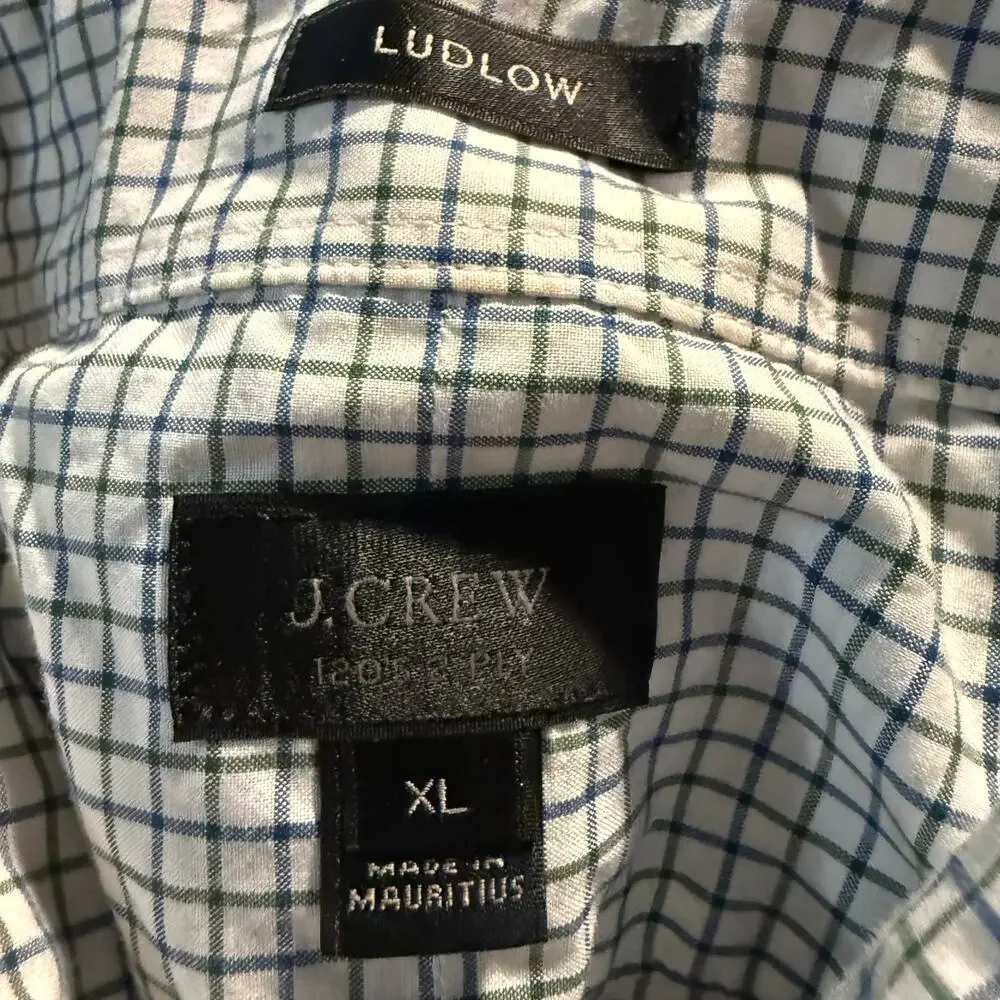 J.Crew Ludlow Two Ply Easy Care Cotton Dress Shirt, Blue Green Check, Size XL